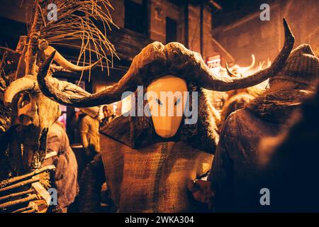 Maceda, Spagna. 10 febbraio 2024. I Felos (festeggiatori del carnevale di Maceda) si sono visti indossare maschere di legno e corni durante la sfilata "Baixada da Marela". "A Entrudo (Carnevale), nel villaggio di Maceda (Galizia - Spagna settentrionale) gli abitanti del villaggio si vestono da Felos e durante il giorno sfilano attraverso i villaggi vicini, durante la notte fanno la "Baixada da Marela", si cambiano vestiti, indossano corna e pelli di animali e sfilano con i carri per le strade di Maceda, trasportando torce, fiocchi spinosi e lanciando farina ai visitatori!". Credito: SOPA Images Limited/Alamy Live News Foto Stock