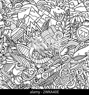 Cartoon doodles Alaska seamless pattern. Sfondo con simboli e oggetti dello stato degli Stati Uniti. Sfondo line art per tessuto, biglietti d'auguri, carta da parati Illustrazione Vettoriale