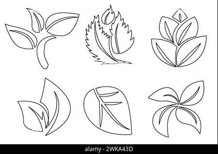 Illustrazione vettoriale con una collezione di sei diversi disegni di foglie in bianco e nero, ideale per la grafica a tema primaverile Illustrazione Vettoriale