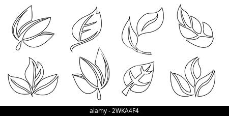 Illustrazione vettoriale con una collezione di sei diversi disegni di foglie in bianco e nero, ideale per la grafica a tema primaverile Illustrazione Vettoriale