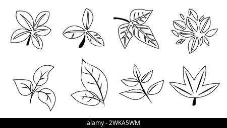 Illustrazione vettoriale con una collezione di sei diversi disegni di foglie in bianco e nero, ideale per la grafica a tema primaverile Illustrazione Vettoriale