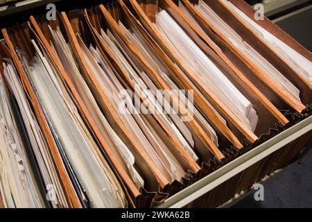 Primo piano di cartelle marroni in un armadietto metallico. Foto Stock