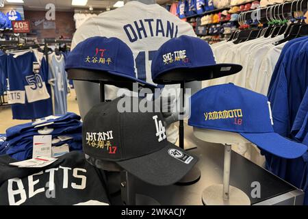 Berretti da baseball come souvenir con il battitore designato dei Los Angteles Dodgers Shohei Ohtani e il lanciatore Yoshinobu Yamamoto presso il negozio Dodgers Clubhouse, domenica 28 gennaio 2024, a Camarillo, calib. Foto Stock