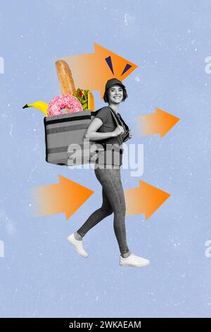 Collage 3d pinup pop retrò immagine di un divertente e sorridente corriere consegna cibo sfondo blu isolato Foto Stock