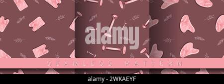 Pattern senza cuciture con lo strumento massaggio per raschiatura Gua Sha. Raschiatore naturale e rullo per pietra per anti-angolazione. Cura della pelle alla moda. Stile piatto vettoriale per il presente Illustrazione Vettoriale