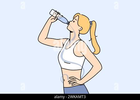 La donna snella beve acqua minerale dalla bottiglia per pulire il corpo da tossine e tossine dannose. La ragazza vestita con abbigliamento sportivo beve acqua per dissetarsi dopo una lunga corsa o un allenamento fisico. Illustrazione Vettoriale