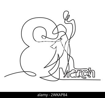 Linea continua o disegno di una linea di una silhouette femminile con l'iscrizione 8 marzo. Illustrazione Vettoriale