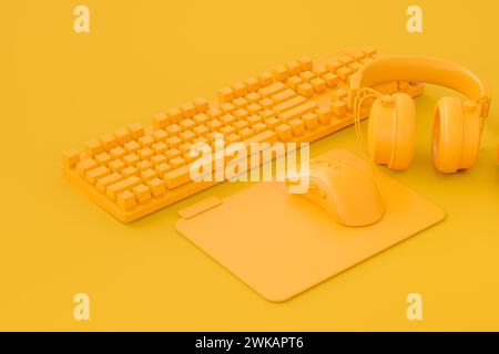 Configurazione ordinata dell'ufficio domestico con gadget tecnologici come tastiera, mouse e cuffie wireless su sfondo monocromatico Foto Stock