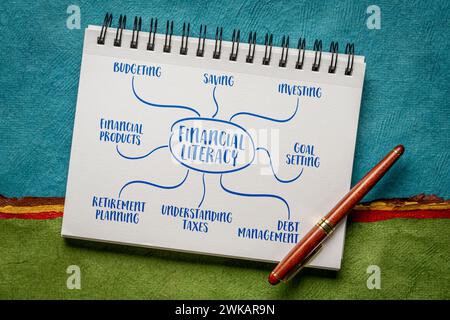 infografiche sull'alfabetizzazione finanziaria o schizzi di mappe mentali in un notebook a spirale - concetto di finanza personale e formazione Foto Stock