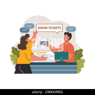 Un appassionato di concerti che acquista biglietti per il festival musicale da un allegro venditore, anticipazione ed eccitazione palpabili nel loro scambio. Illustrazione vettoriale piatta Illustrazione Vettoriale