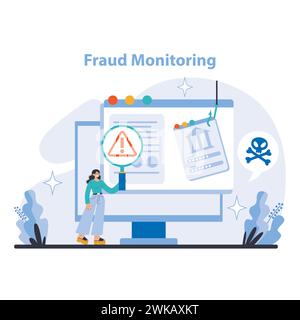 Concetto di monitoraggio delle frodi. Protezione avanzata contro la criminalità finanziaria con sorveglianza delle frodi in tempo reale. Mantenere i conti sicuri e affidabili. Illustrazione vettoriale piatta. Illustrazione Vettoriale