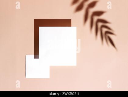 Elegante sfondo estivo con due carte quadrate su sfondo color beige pastello. Concetto creativo minimale alla luce del giorno con sfumature di tropicale Foto Stock