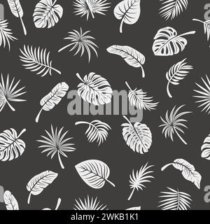 Motivo vettoriale senza cuciture con silhouette a foglia tropicale. Flat Vector Black and White Cutout Style Monstera, Ficus, Banana Leaf, Dracaena, Sabal Palm Illustrazione Vettoriale