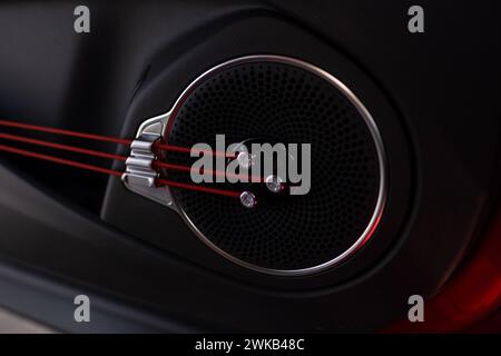 Comandi dell'impianto audio sulla portiera del conducente, interruttori fisici a pulsante della strumentazione, joystick, BYD interna Atto 3 Electric Car, tecnologia EV Automotive in Foto Stock