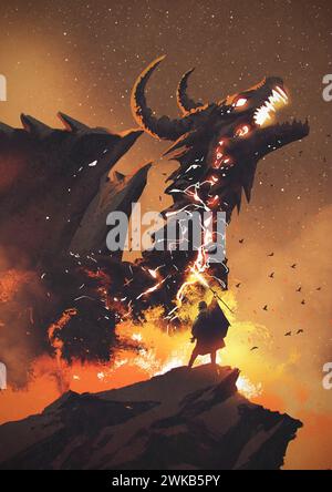 il giovane mago risveglia un drago con una bacchetta magica, uno stile di arte digitale e un dipinto di illustrazione Foto Stock