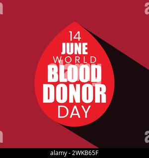 14 giugno Design del modello di scrittura vettoriale World Blood Donor Day su sfondo di colore rosso. Logo del donatore di sangue sull'icona del sangue con una lunga ombra. Illustrazione Vettoriale