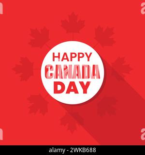Logo con scritta "Happy Canada Day" sul cerchio rotondo al centro con l'icona delle bandiere canadesi illustrazione vettoriale su sfondo rosso. Buon giorno del Canada Illustrazione Vettoriale