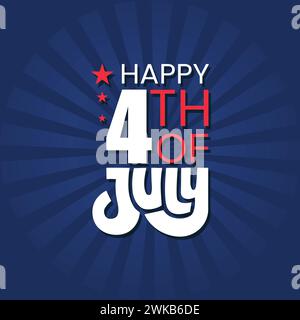 Felice 4 luglio illustrazione vettoriale lettering. Logo del 4 luglio su sfondo blu per celebrare la giornata dell'indipendenza degli Stati Uniti in tutto il mondo. Illustrazione Vettoriale