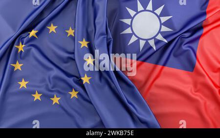 Bandiere volgare dell'Unione europea e di Taiwan. Rendering 3D. Foto Stock