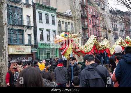 Cinesi e altri newyorkesi celebrano il Capodanno cinese al Sara D. Roosevelt Park durante la cerimonia di benvenuto nell'anno del Drago Foto Stock