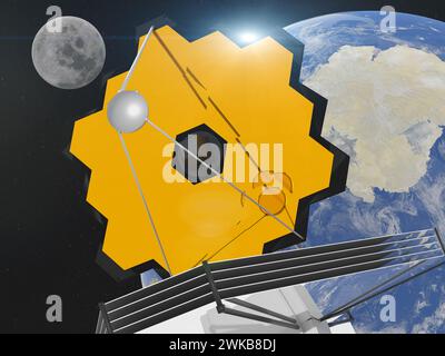 James Webb telescopio nello spazio vicino al pianeta blu Terra. James Webb telescopio nello spazio vicino al pianeta blu Terra. Elementi di questo rendering 3D. Foto Stock