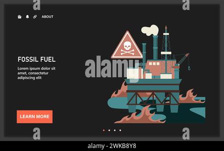 Pericolo ambientale di fuoriuscite di olio di rete o di atterraggio. Estrazione di risorse fossili e suo impatto sui cambiamenti climatici e sugli ecosistemi marini. Piattaforma petrolifera offshore con rischi tossici. illustrazione vettoriale Illustrazione Vettoriale