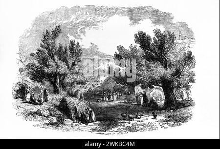 Illustrazione della Festa dei Tabernacoli che commemora il viaggio degli Israeliti nel deserto del 40 in Antique XIX secolo illustrato Foto Stock