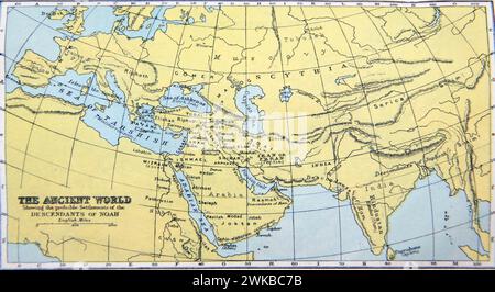 Antica mappa storica che mostra il mondo antico e i probabili insediamenti dei discendenti di Noè nella Sacra Bibbia Foto Stock