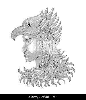 giovane ragazza americana con la maschera dell'aquila. Illustrazione di sile da disegno con incisione vintage Illustrazione Vettoriale