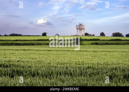 Vista di una torre d'acqua vicino a Happisburgh nel mezzo dei campi in primavera, nel nord di Norfolk, in Inghilterra Foto Stock
