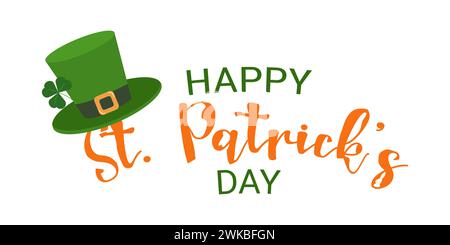 Composizione per St. Modello di poster Patricks Day. Saluti testuali e cappello da leprechaun. Concetto di vacanza. Per il post o l'opuscolo sui social media di un biglietto d'auguri di invito. Illustrazione vettoriale. Illustrazione Vettoriale
