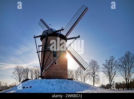 mill Geismuehle in inverno in controluce, Germania, Renania settentrionale-Vestfalia, Krefeld Foto Stock