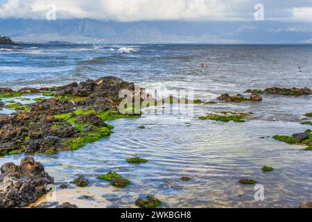 Prima tappa sulla strada di Hana tour, Ho'okipa Beach Park, famosa per i surfisti e spiagge di sabbia bianca. Foto Stock