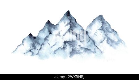 Illustrazione ad acquerello di un paesaggio alpino innevato. Elemento naturale Rocky Ridge isolato su bianco. Elemento di sfondo per il design di gard Foto Stock