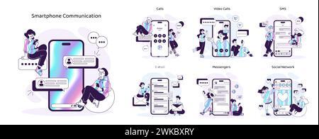 Impostazione comunicazione smartphone. Moderna interazione digitale attraverso diversi canali. Partecipa a chiamate, videochat, e-mail, messaggistica istantanea e social media. Illustrazione vettoriale Illustrazione Vettoriale