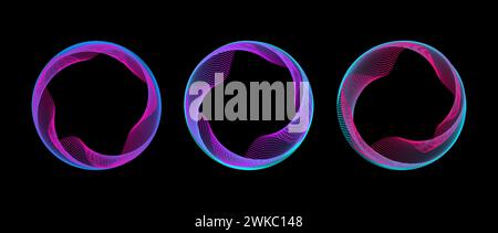 Set di cerchi tratteggiati con gradiente iridescente al neon. Collezione di cornici tecnologiche colorate e luminose. La linea di punti curva si arrotola su sfondo nero. Bordino circolare luminoso. Fascio di elementi di design Illustrazione Vettoriale