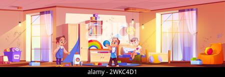 Bambini birichini che giocano in una stanza disordinata. Illustrazione vettoriale di una camera da letto non ordinata con giocattoli sparsi sul pavimento, macchie e vernice sulle pareti, ragazzi e. Illustrazione Vettoriale