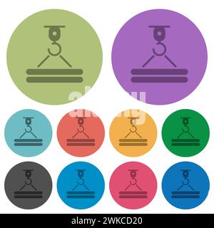 Icone piatte scure di gru da cantiere e trasporto su sfondo rotondo a colori Illustrazione Vettoriale