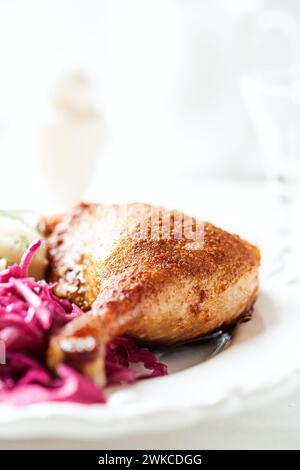 Anatra arrosto con cavolo rosso e purè di patate su sfondo luminoso. Primo piano. Foto Stock