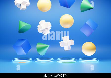 Illustrazione 3D forme multicolore astratte: Cubo, toro, sfera, poligono che cadono in un portale su sfondo blu, illustrazione 3D. Foto Stock