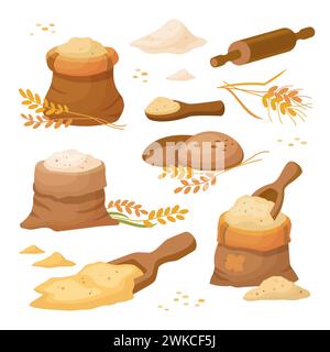 Sacchi con cereali di grano e farina. Farina in borsa con sessola in legno. Isolato su sfondo bianco. Set di varie balle di farina in stile cartoni animati, illustrazione vettoriale. Illustrazione Vettoriale