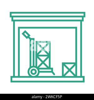 Piccolo magazzino con scatole e carrello per pacchi. Icona contorno isolata su sfondo bianco. Parte della catena di approvvigionamento. Illustrazione vettoriale. Illustrazione Vettoriale
