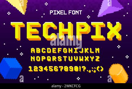 Font di gioco arcade a 8 bit, tipo geometrico e carattere retro tech, alfabeto vettoriale in inglese. Font pixel art a 8 bit, lettere e numeri di testo, tipografia di videogiochi per computer o ABC retro techno Illustrazione Vettoriale