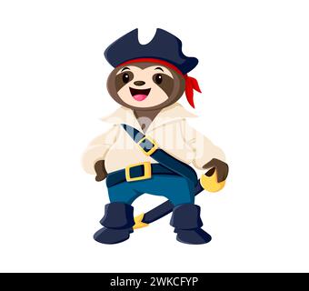 Cartoni animati divertente pirata personaggio animale pirata. Il corsaro vettoriale isolato indossa un cappello tricorno e una bandana rossa, si erge con sicurezza con una sciabola in cintura, pronta per l'avventura in alto mare Illustrazione Vettoriale