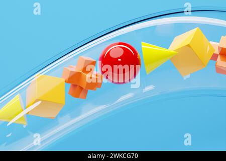 Illustrazione 3D di forme geometriche volumetriche multicolore che volano attraverso un labirinto trasparente su uno sfondo rosa Foto Stock