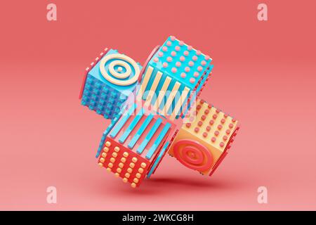 Illustrazione 3D forma astratta con diversi motivi geometrici su ciascun lato su sfondo blu, illustrazione 3D. Foto Stock