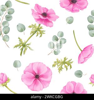 Motivo senza cuciture. fiori di anemone di acquerello rosa, lussureggiante fogliame verde e foglie di eucalipto. Ideale per valorizzare sfondi, tessuti, cancelleria e. Foto Stock