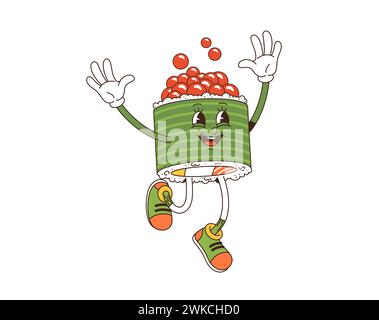 Cartoni animati retro rozzo personaggio giapponese roll con Happy Face, personaggio fumettistico vettoriale. Simpatico sushi roll con caviale rosso sorridente e funky hippie anni '60 o '70 Illustrazione Vettoriale