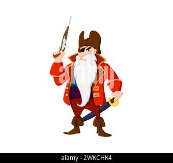 Cartoni animati pirata di mare e capitano corsaro personaggio con pistola. Un robusto personaggio vettoriale isolato e temibile, con cappello tricorno, lunga barba bianca e cerotto per gli occhi, con una pistola a pietra focaia, pronta per l'avventura Illustrazione Vettoriale