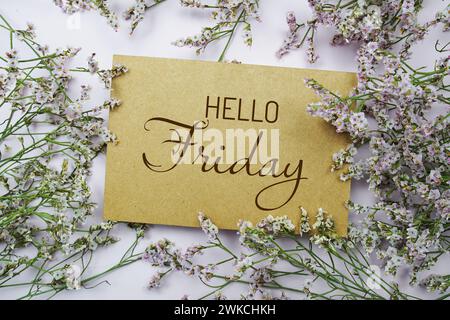 Ciao venerdì scritto su carta con decorazioni floreali su sfondo rosa Foto Stock